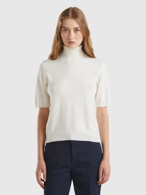 Benetton, Cream White Short Sleeve Turtleneck In Cashmere Blend, size S, Creamy White, Women United Colors of Benetton