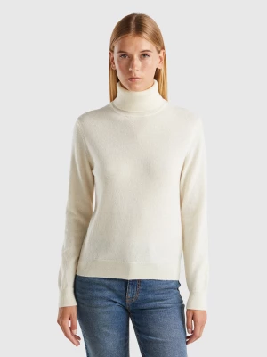 Benetton, Cream White Turtleneck In Pure Cashmere, size L, Creamy White, Women United Colors of Benetton