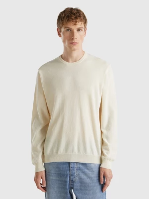 Benetton, Creamy White Crew Neck Sweater In Pure Merino Wool, size L, Creamy White, Men United Colors of Benetton