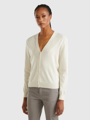 Benetton, Creamy White V- Neck Cardigan In Pure Merino Wool, size L, Creamy White, Women United Colors of Benetton