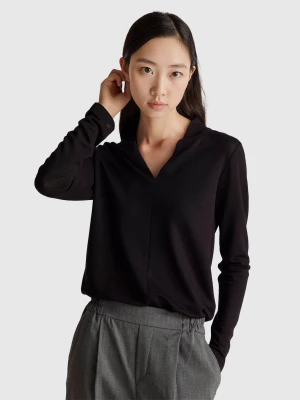 Benetton, Crepe T-shirt With V-neck, Size: XXS, Black, Women United Colors of Benetton