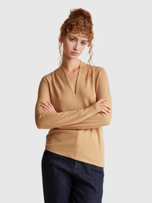 Benetton, Crepe T-shirt With V-neck, Size: XXS, Camel, Women United Colors of Benetton