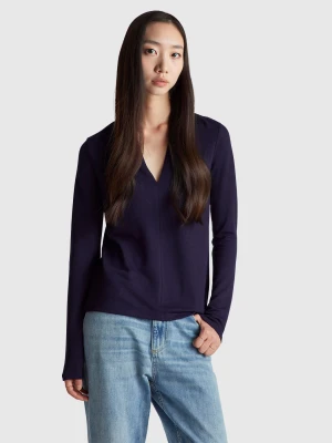 Benetton, Crepe T-shirt With V-neck, Size: XXS, Dark Blue, Women United Colors of Benetton