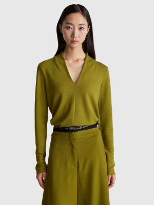 Benetton, Crepe T-shirt With V-neck, Size: XXS, Military Green, Women United Colors of Benetton