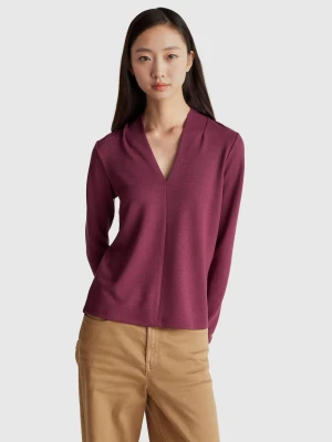 Benetton, Crepe T-shirt With V-neck, Size: XS, Plum, Women United Colors of Benetton