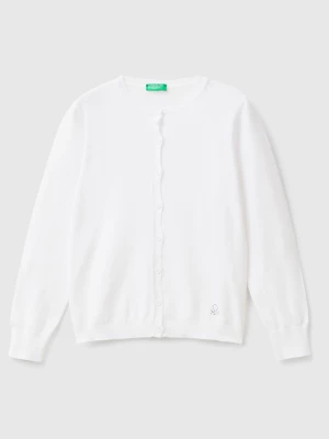 Benetton, Crew Neck Cardigan In Cotton Blend, size M, White, Kids United Colors of Benetton