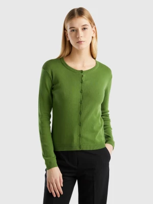 Benetton, Crew Neck Cardigan In Pure Cotton, size L, Military Green, Women United Colors of Benetton