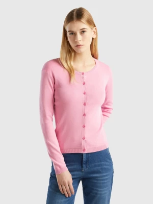 Benetton, Crew Neck Cardigan In Pure Cotton, size L, Pastel Pink, Women United Colors of Benetton