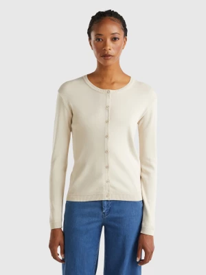 Benetton, Crew Neck Cardigan In Pure Cotton, size M, Beige, Women United Colors of Benetton