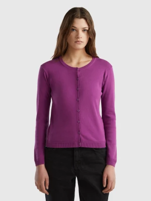 Benetton, Crew Neck Cardigan In Pure Cotton, size S, Violet, Women United Colors of Benetton