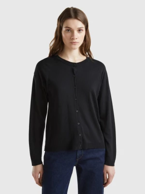 Benetton, Crew Neck Cardigan With Buttons, size L, Black, Women United Colors of Benetton