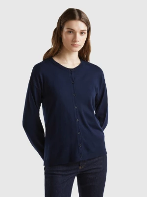 Benetton, Crew Neck Cardigan With Buttons, size M, Dark Blue, Women United Colors of Benetton