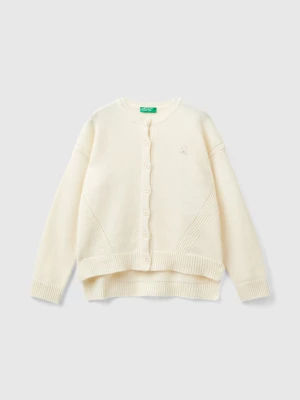 Benetton, Crew Neck Cardigan With Rhinestone Logo, size 2XL, Creamy White, Kids United Colors of Benetton