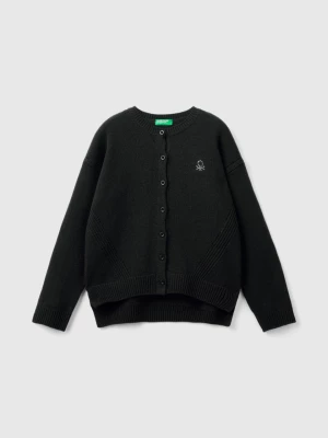 Benetton, Crew Neck Cardigan With Rhinestone Logo, size M, Black, Kids United Colors of Benetton