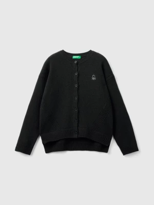 Benetton, Crew Neck Cardigan With Rhinestone Logo, size M, Black, Kids United Colors of Benetton