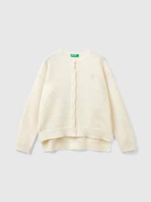 Benetton, Crew Neck Cardigan With Rhinestone Logo, size M, Creamy White, Kids United Colors of Benetton