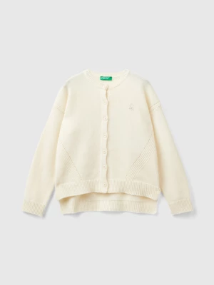 Benetton, Crew Neck Cardigan With Rhinestone Logo, size S, Creamy White, Kids United Colors of Benetton