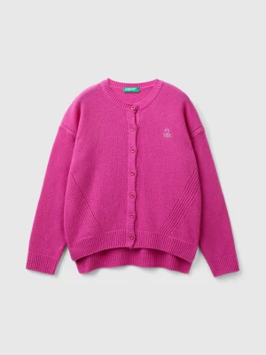 Benetton, Crew Neck Cardigan With Rhinestone Logo, size XL, Fuchsia, Kids United Colors of Benetton