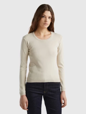 Benetton, Crew Neck Sweater In Pure Cotton, size L, Beige, Women United Colors of Benetton