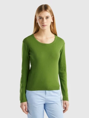 Benetton, Crew Neck Sweater In Pure Cotton, size L, Military Green, Women United Colors of Benetton