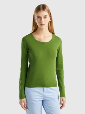 Benetton, Crew Neck Sweater In Pure Cotton, size XS, Military Green, Women United Colors of Benetton