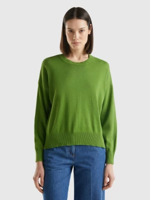 Benetton, Crew Neck Sweater In Tricot Cotton, size L, Military Green, Women United Colors of Benetton