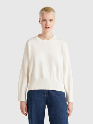 Benetton, Crew Neck Sweater In Tricot Cotton, size XXS, Creamy White, Women United Colors of Benetton