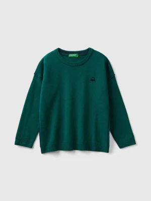 Benetton, Crew Neck Sweater With Embroidery, size 90, Dark Green, Kids United Colors of Benetton