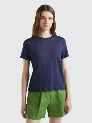 Benetton, Crew Neck T-shirt In Pure Linen, size L, Dark Blue, Women United Colors of Benetton