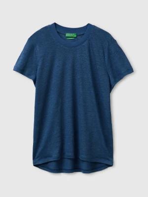 Benetton, Crew Neck T-shirt In Pure Linen, Size: XS, Air Force Blue, Women United Colors of Benetton