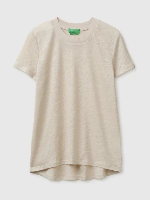 Benetton, Crew Neck T-shirt In Pure Linen, Size: XS, Beige, Women United Colors of Benetton