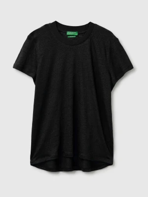 Benetton, Crew Neck T-shirt In Pure Linen, Size: XS, Black, Women United Colors of Benetton