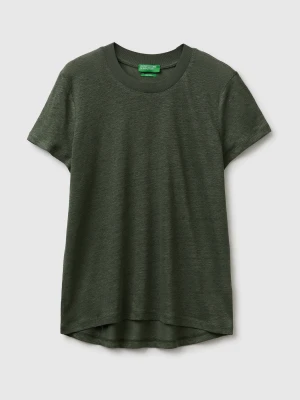 Benetton, Crew Neck T-shirt In Pure Linen, Size: XS, Military Green, Women United Colors of Benetton