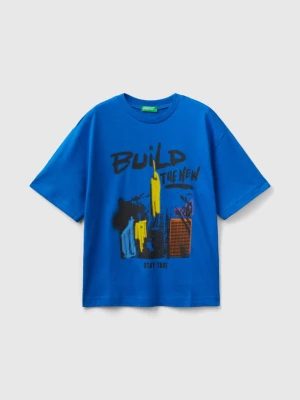 Benetton, Crew Neck T-shirt With Print, size 2XL, Bright Blue, Kids United Colors of Benetton