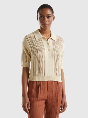 Benetton, Crochet Knit Polo Shirt, size L, Beige, Women United Colors of Benetton
