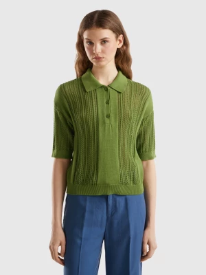 Benetton, Crochet Knit Polo Shirt, size L, Military Green, Women United Colors of Benetton