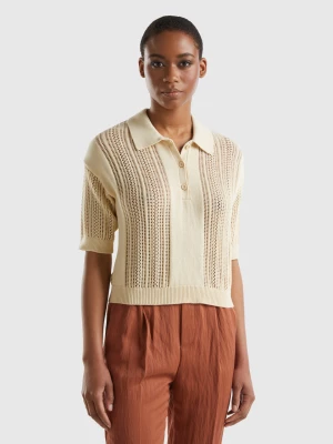 Benetton, Crochet Knit Polo Shirt, size S, Beige, Women United Colors of Benetton