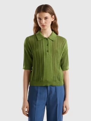 Benetton, Crochet Knit Polo Shirt, size S, Military Green, Women United Colors of Benetton