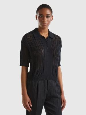 Benetton, Crochet Knit Polo Shirt, size XS, Black, Women United Colors of Benetton