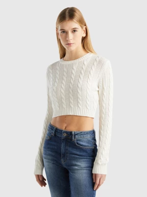 Benetton, Cropped Cable Knit Sweater, size L-XL, Creamy White, Women United Colors of Benetton