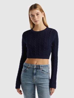 Benetton, Cropped Cable Knit Sweater, size L-XL, Dark Blue, Women United Colors of Benetton