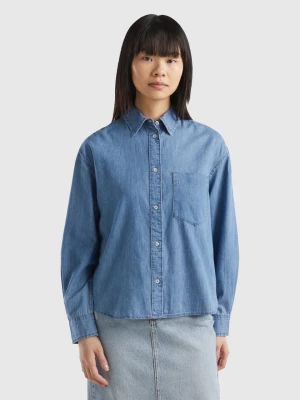 Benetton, Cropped Chambray Shirt, size L, Light Blue, Women United Colors of Benetton