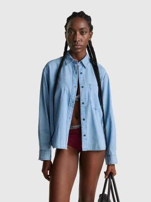 Benetton, Cropped Chambray Shirt, Size: XXS, Light Blue, Women United Colors of Benetton
