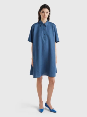Benetton, Cropped Dress In Pure Linen, size M, Air Force Blue, Women United Colors of Benetton
