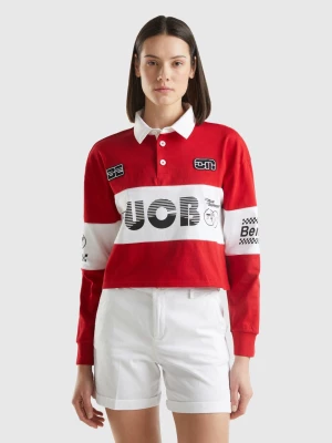 Benetton, Cropped Red Polo With Patch And Prints, size L, Red, Women United Colors of Benetton