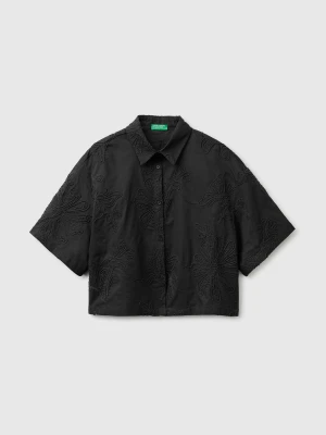 Benetton, Cropped Shirt With Floral Embroidery, Size: XS, Black, Women United Colors of Benetton