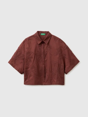 Benetton, Cropped Shirt With Floral Embroidery, Size: XS, Brown, Women United Colors of Benetton