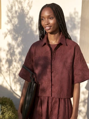 Benetton, Cropped Shirt With Floral Embroidery, Size: XS, Brown, Women United Colors of Benetton