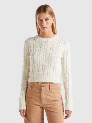 Benetton, Cropped Sweater With Cable Knit And Perforations, size L, Creamy White, Women United Colors of Benetton