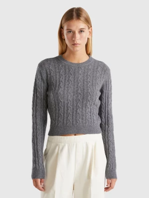 Benetton, Cropped Sweater With Cable Knit And Perforations, size L, Dark Gray, Women United Colors of Benetton